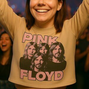 Pink Floyd Graphic Cropped Sweatshirt Crew Neck Long Sleeve Tan Pink Medium